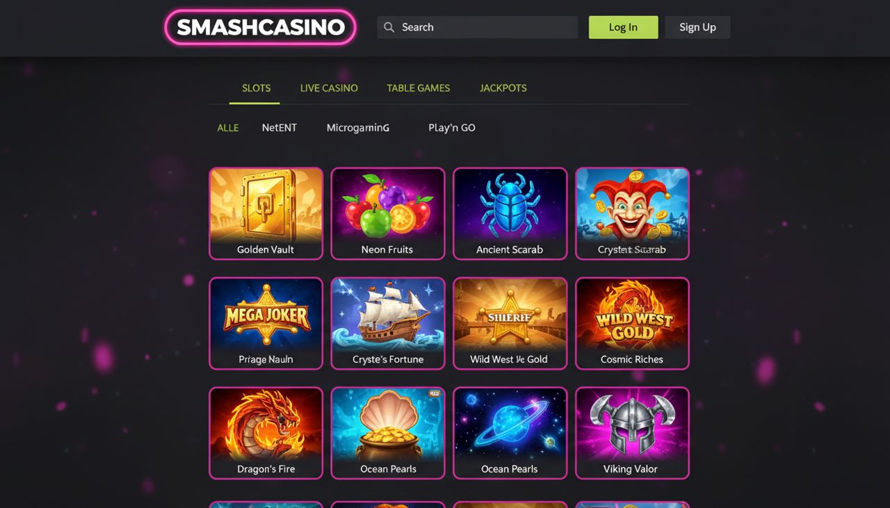 Startseite von Smashcasino mit Navigation und Spielkategorien