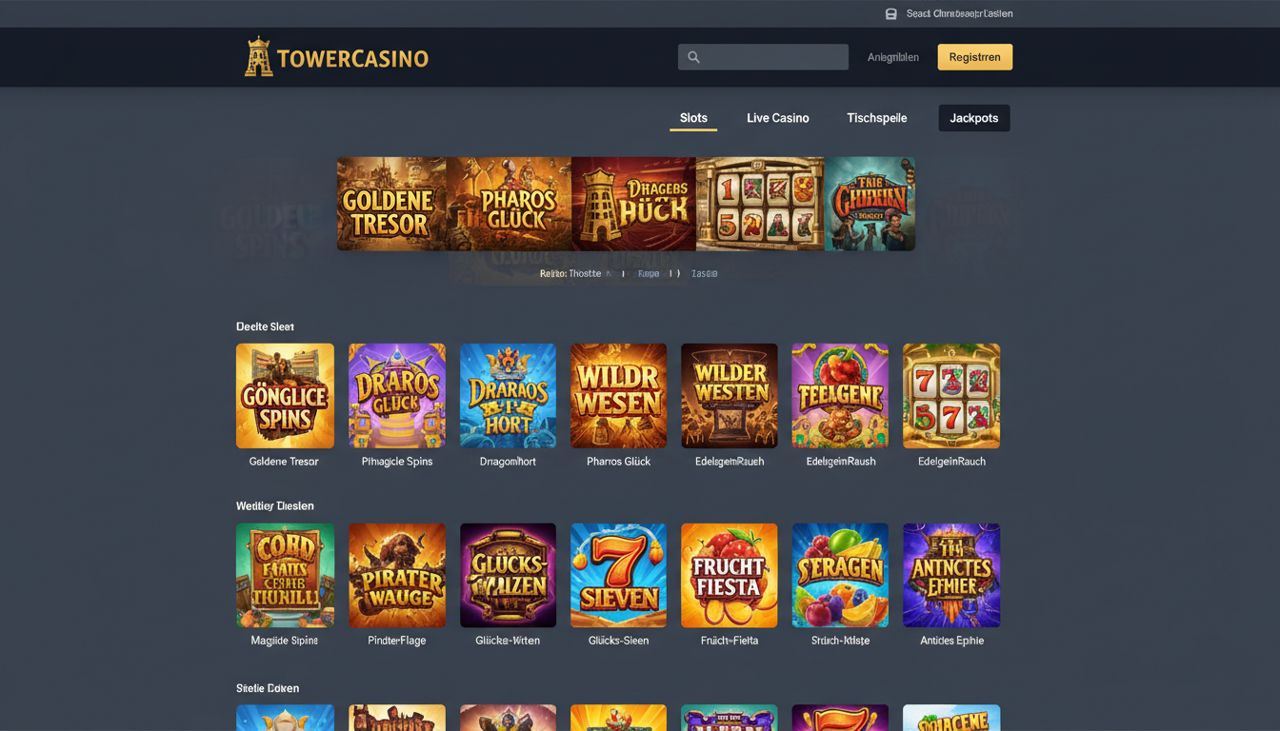 Startseite von TowerCasino mit Navigation, Slots, Live Casino und Jackpot-Bereich