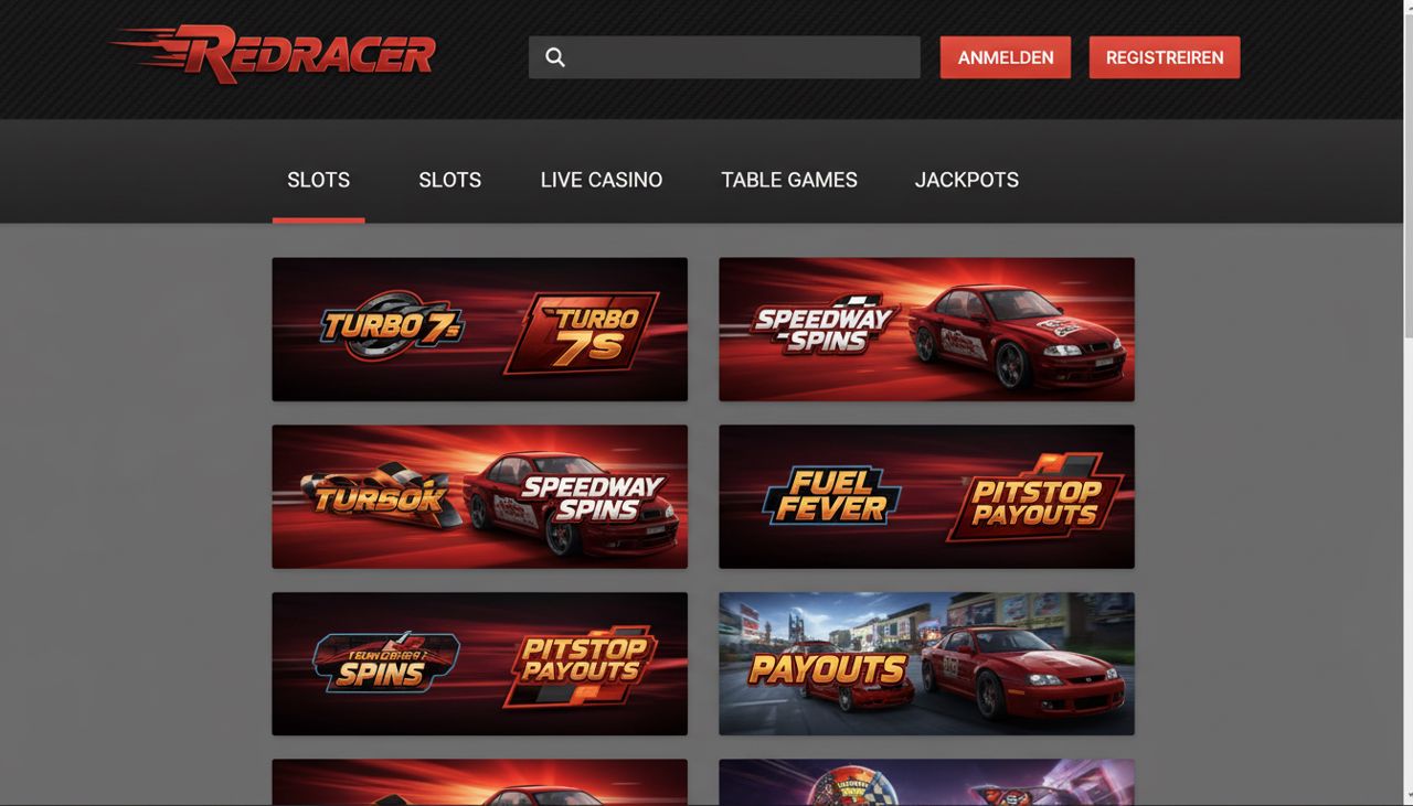 Startseite von Redracer Online Casino mit Navigation und Slot-Auswahl