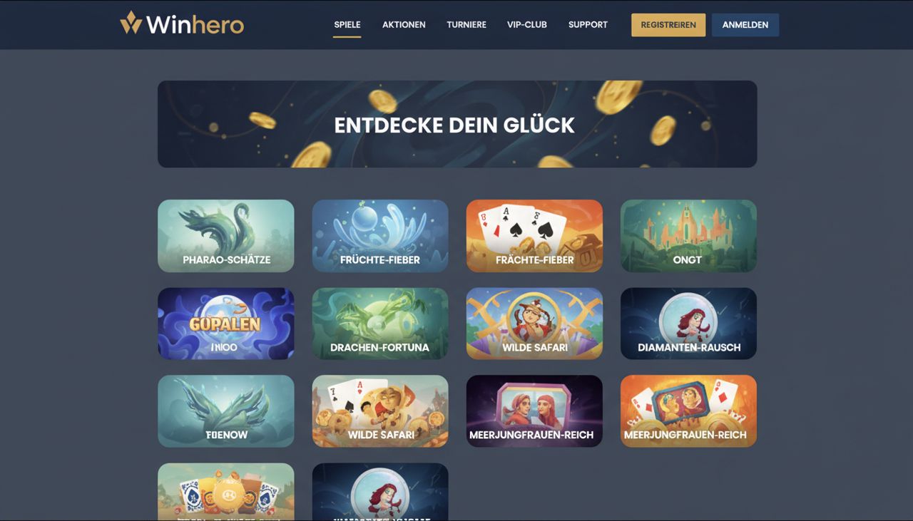 Startseite des Online Casinos Winhero mit Spielelobby und Navigationsleiste