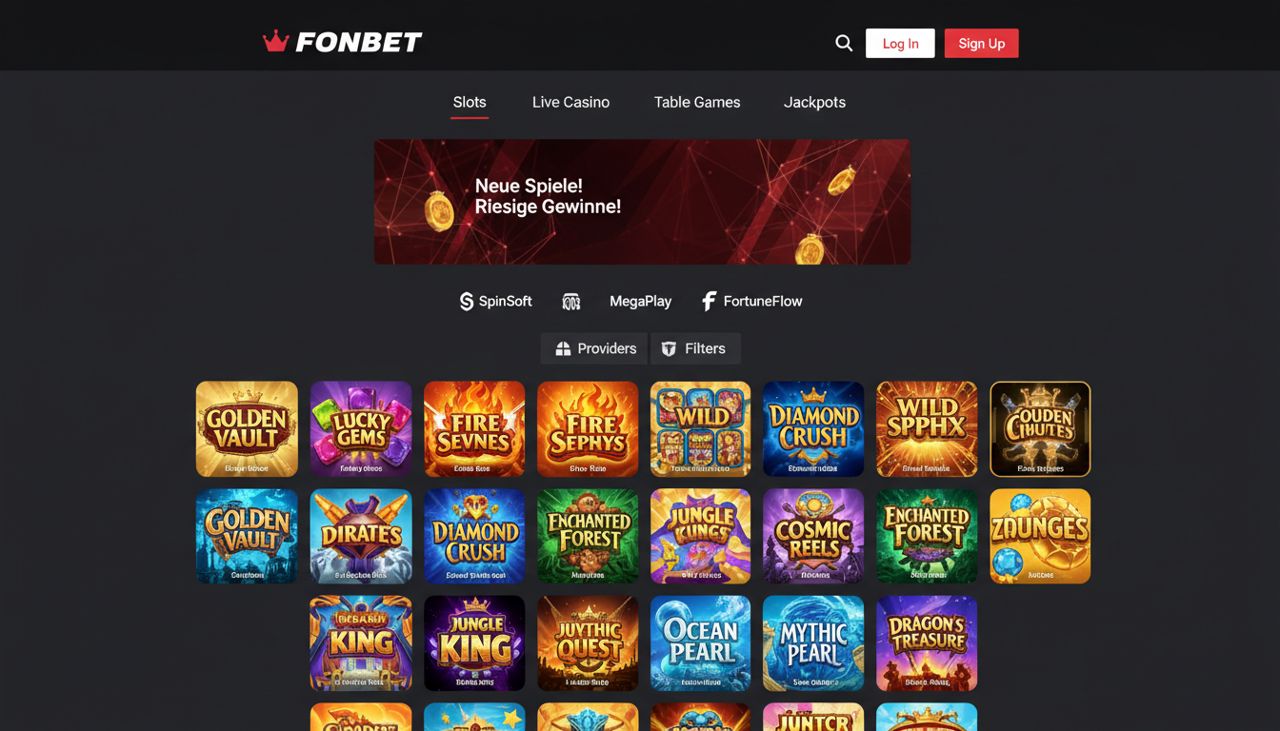 Startseite des Online Casinos Fonbet mit Spielkategorien und Slot-Auswahl