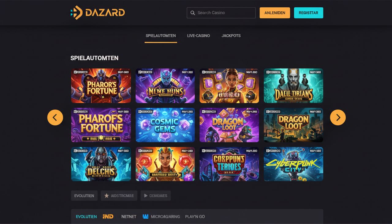 Startseite von Dazard Casino mit Navigation und Slot-Auswahl
