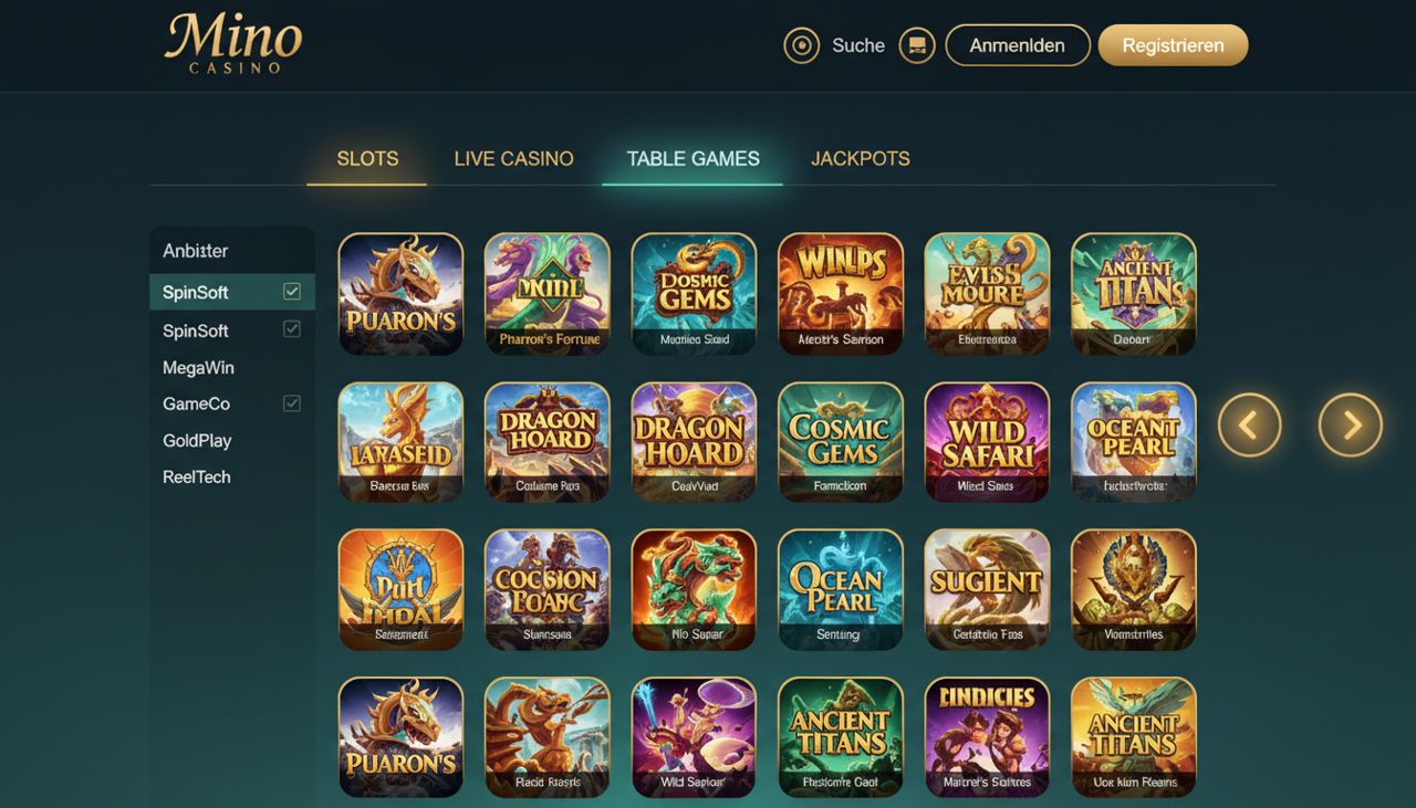 Startseite von Mino Casino mit Spielkategorien und Slot-Auswahl