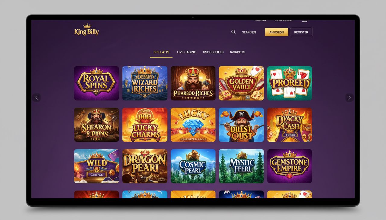 Startseite von King Billy mit Spielkategorien und Auswahl an Slots